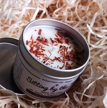 Load image into Gallery viewer, Luxury Silver Aluminium Tin Soy Candle Natural Fireworks and Embers Unique Fragrance Sitting By The Fire Handcrafted Local Ethical Decorative Sandalwood Chippings