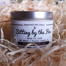 Load image into Gallery viewer, Luxury Silver Aluminium Tin Soy Candle Natural Fireworks and Embers Unique Fragrance Sitting By The Fire Handcrafted Local Ethical Decorative Sandalwood Chippings