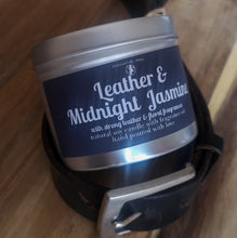 Load image into Gallery viewer, Luxury Tin Soy Candle Natural Gift Leather and Midnight Jasmine Unique Fragrance Handcrafted Local Ethical