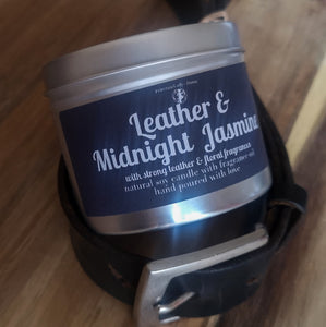 Luxury Tin Soy Candle Natural Gift Leather and Midnight Jasmine Unique Fragrance Handcrafted Local Ethical